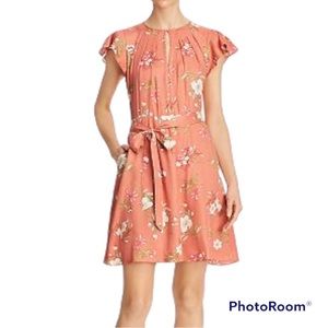Rebecca Taylor Lita Floral Silk Flutter Sleeve Keyhole TieWaist Dress w/ pockets